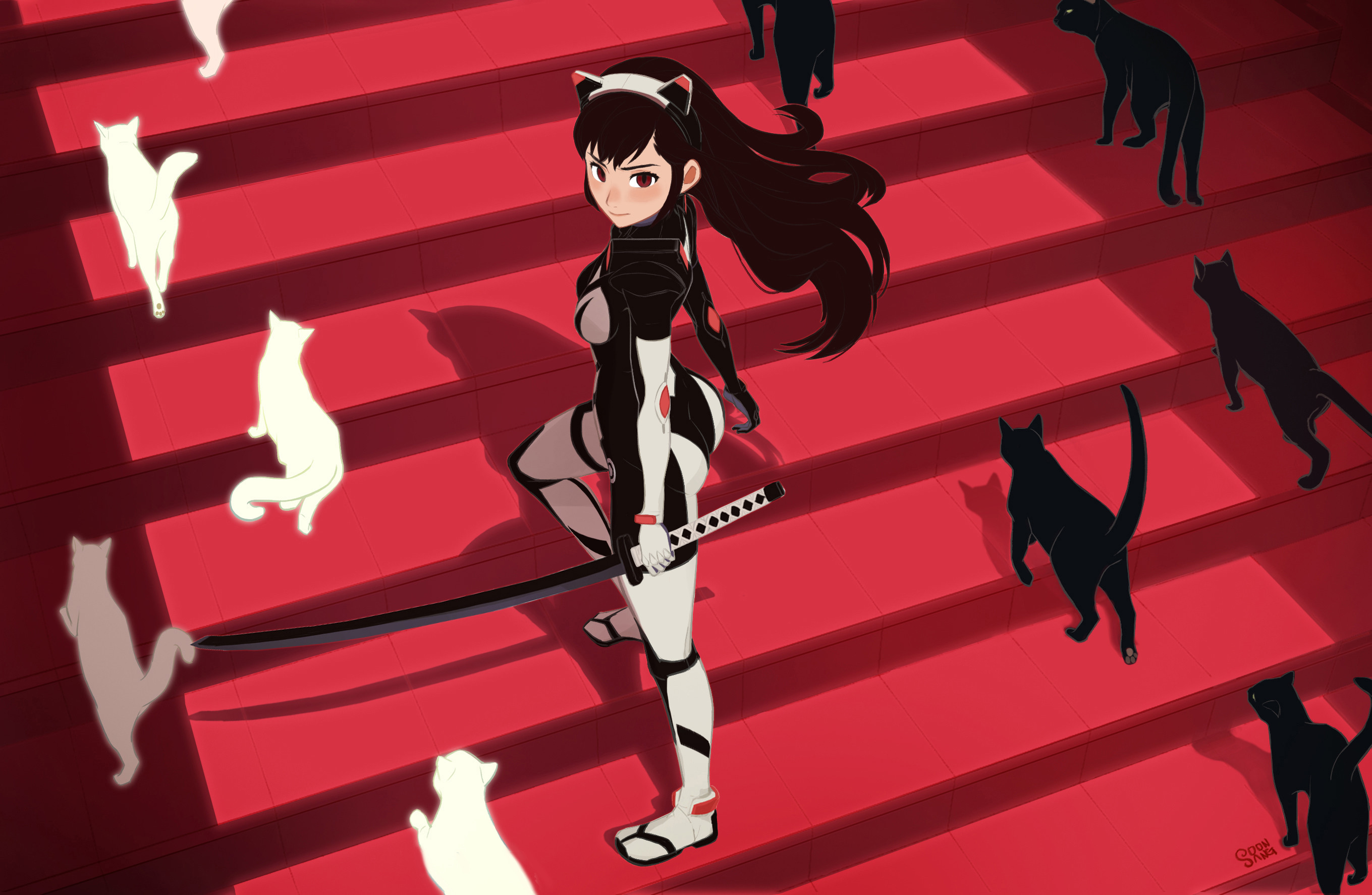 an anime girl in a black and white futuristic suit with a sword walks up a red staircase. she is surrounded by white cats walking up the stairs and black cats walking down the stairs.