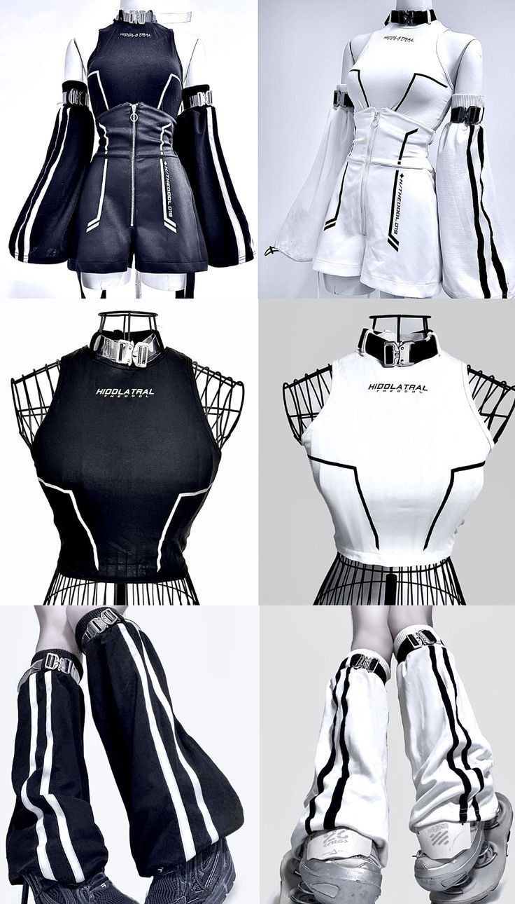 he image showcases a collection of black and white futuristicstyle outfits. each outfit comprises a highnecked cropped top, shorts, and leg warmers, all featuring contrasting black and white stripes.  the designs have a distinct cyberpunk or animeinspired aesthetic.  the clothing is displayed on mannequins in a studio setting, with the outfits presented in both black and white colorways, side by side, offering a comprehensive view of the collection's pieces. the image is high quality and shows detail in the clothing design.