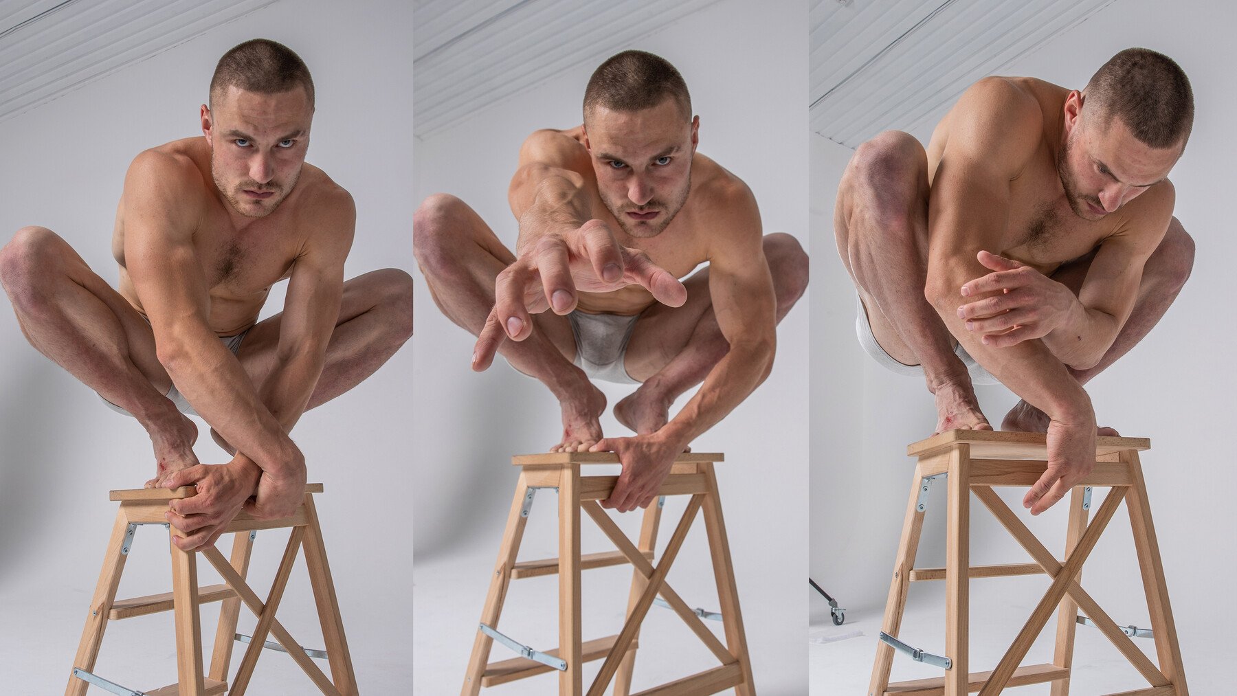 a muscular caucasian man in white briefs crouches on top of a stepladder with his hands resting on the top step. three shots show different angles of his body. he is looking down. the background is white.