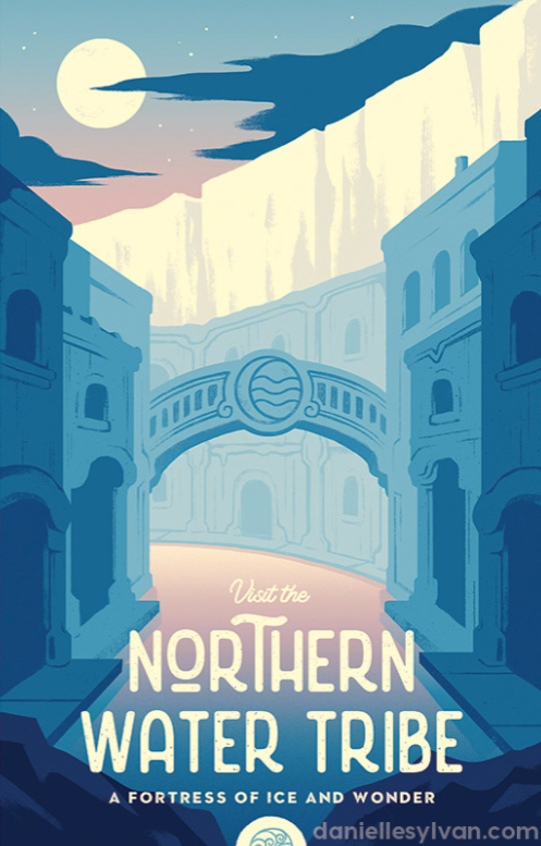 a travel poster illustration promoting the northern water tribe from avatar: the last airbender, featuring a cityscape of ice buildings connected by a bridge with the water tribe symbol, set against a backdrop of ice mountains, a moon, and stylized clouds. the text reads "visit the northern water tribe: a fortress of ice and wonder."