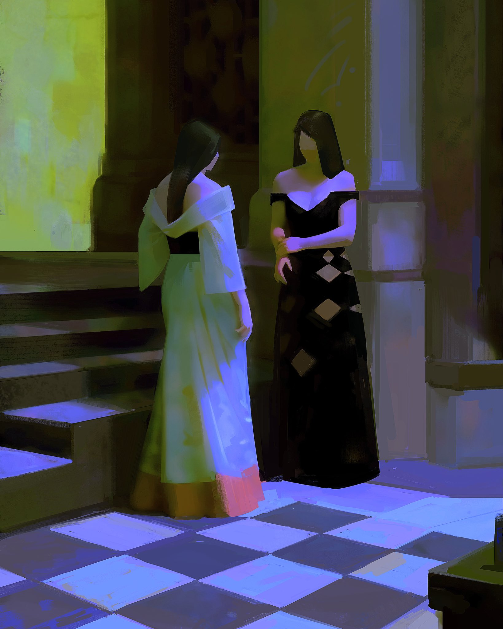 two women in a building with a checkerboard floor stand and look away from each other. the woman on the left is in a long, white dress and the woman on the right is in a long, black dress. both women are facing away from the viewer. the room is dark, but there is a light source that illuminates the women from the right.