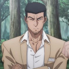 a closeup portrait of an adult male anime character with short black hair and a serious expression. he is wearing an unbuttoned light brown suit jacket over a white shirt.  the background is a blurry depiction of a forest with tall trees. the overall lighting is soft.