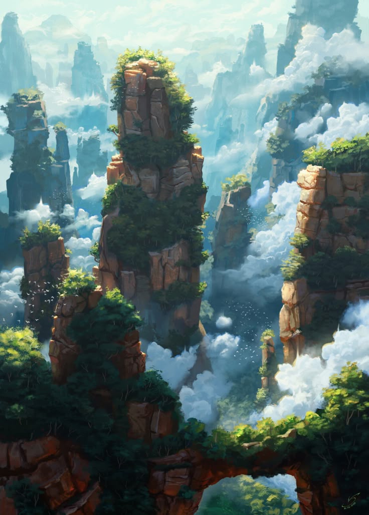 the image depicts a fantasy landscape with towering rock formations and mountains shrouded in fog and clouds. lush greenery and trees adorn the peaks and slopes of the formations. a stone bridge connects two of the formations in the foreground. birds are seen flying in the cloudy sky. the overall scene is a vertical composition and evokes a sense of natural beauty and tranquility.