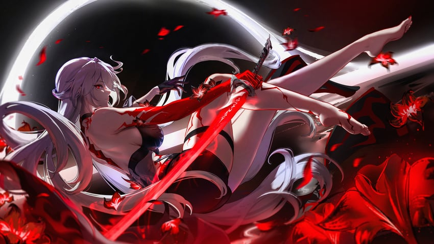 a woman with long white hair, dressed in a black and red outfit, lies sprawled amidst a shower of red petals. she holds a glowing red sword, and her body is marked with streaks of blood. a crescent moon shines behind her against a dark, abstract background. the scene is dramatically lit with strong highlights and a predominantly red palette, creating a sense of action and danger.