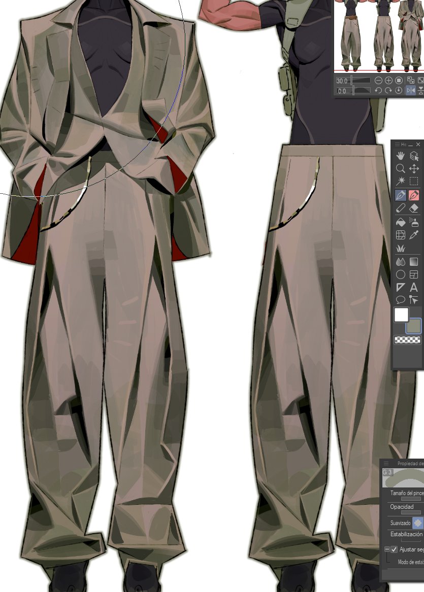 this image showcases a digital illustration or artwork, possibly a work in progress, depicting a character design focusing on clothing.  two views of a male figure are presented. the left side shows a more detailed closeup of the character's attire, a beige or taupecolored suit with a slightly oversized jacket featuring red inner lining. the right side shows a fullbody view of the same character wearing similar trousers and a dark top under a militarystyle vest or backpack. the right side also includes panels that are typical of a graphic design software interface (adobe illustrator is strongly suggested).  the overall style is stylized, with a focus on the texture and folds of the clothing.  the color palette is muted and earthy, centered around beige and brown with a pop of red.