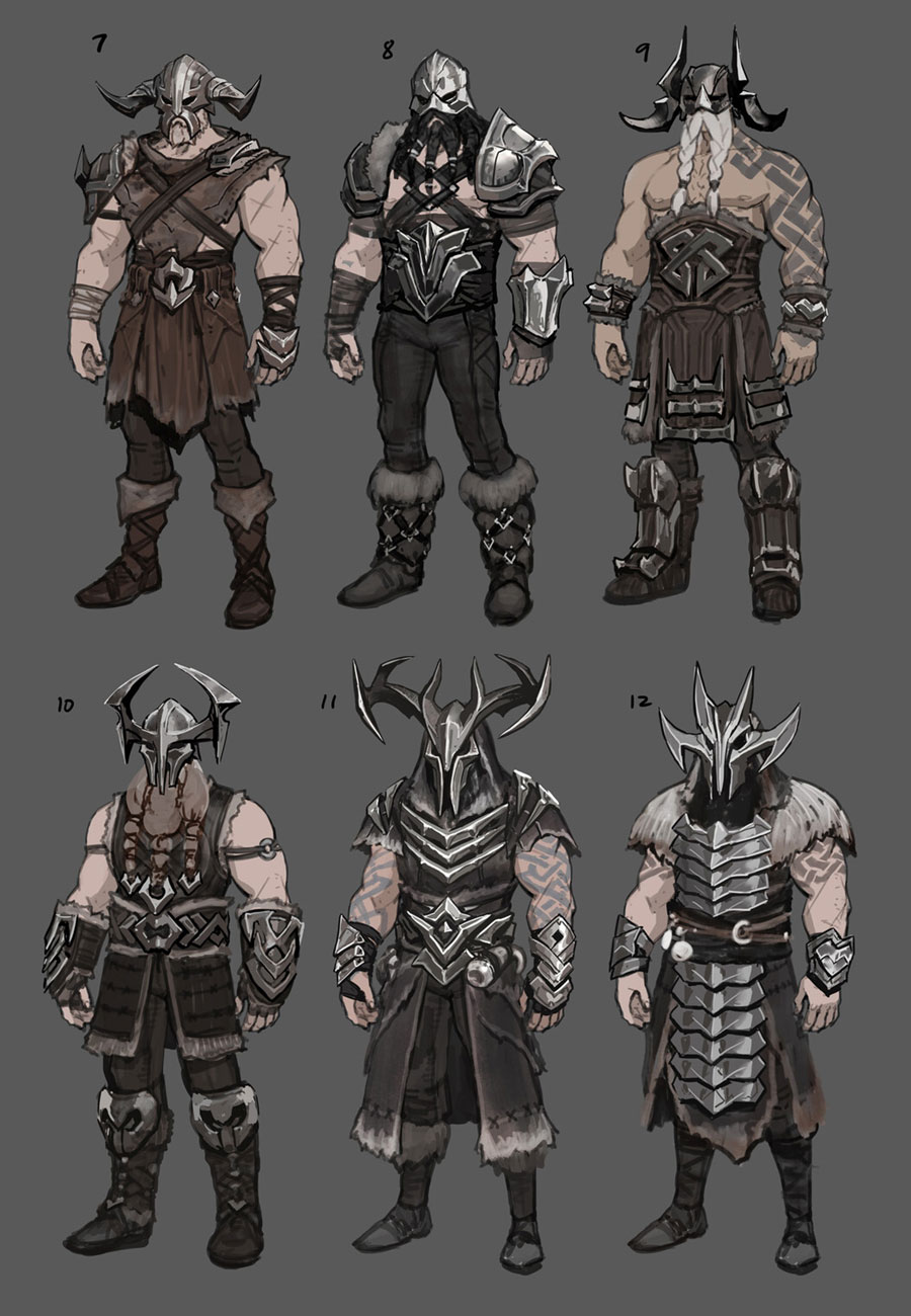 he image contains twelve concept sketches of barbarian/viking warriors. each warrior is depicted from the front, showcasing variations in armor, helmets (including horned helmets), and clothing styles.  the style is dark and gritty, leaning towards a fantasy setting. the sketches are numbered, suggesting a design iteration process. the background is a neutral gray, allowing the designs to stand out.  the overall artistic style is a blend of realism and stylized elements.