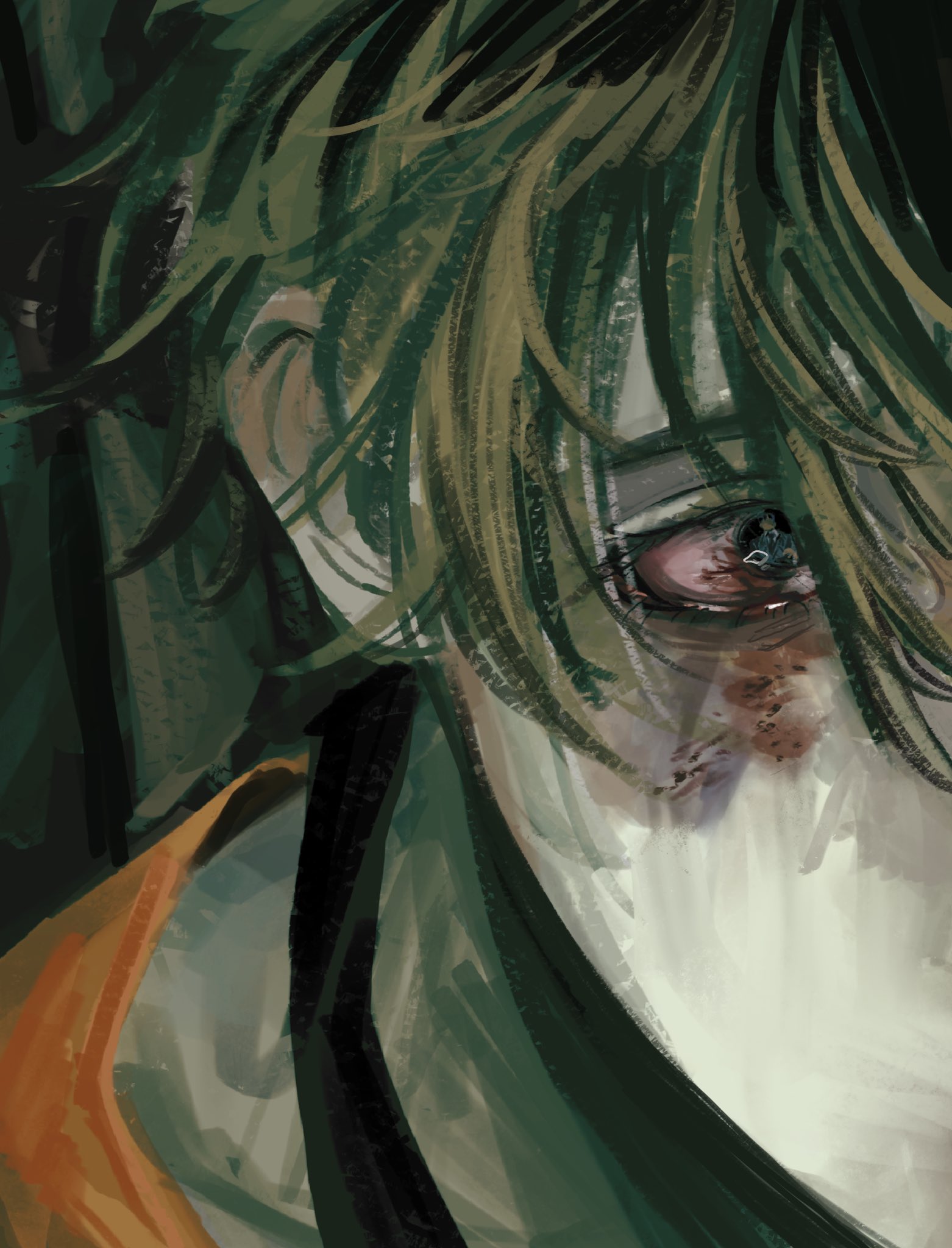 a closeup, stylized portrait of a young man with short, messy hair, partially illuminated against a dark background. his downcast gaze and the visible bruising around his eye tell a story of pain and distress. the overall palette is dark and muted, with hints of green, brown, and orange. the art style is reminiscent of grunge or dark art.