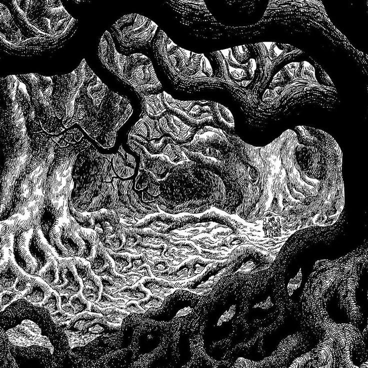 a black and white illustration of a dark and foreboding forest. the trees are thick and gnarled, their branches reaching out like skeletal fingers. the roots are exposed, twisting and turning like serpents. the scene is shrouded in shadow, creating a sense of mystery and intrigue.