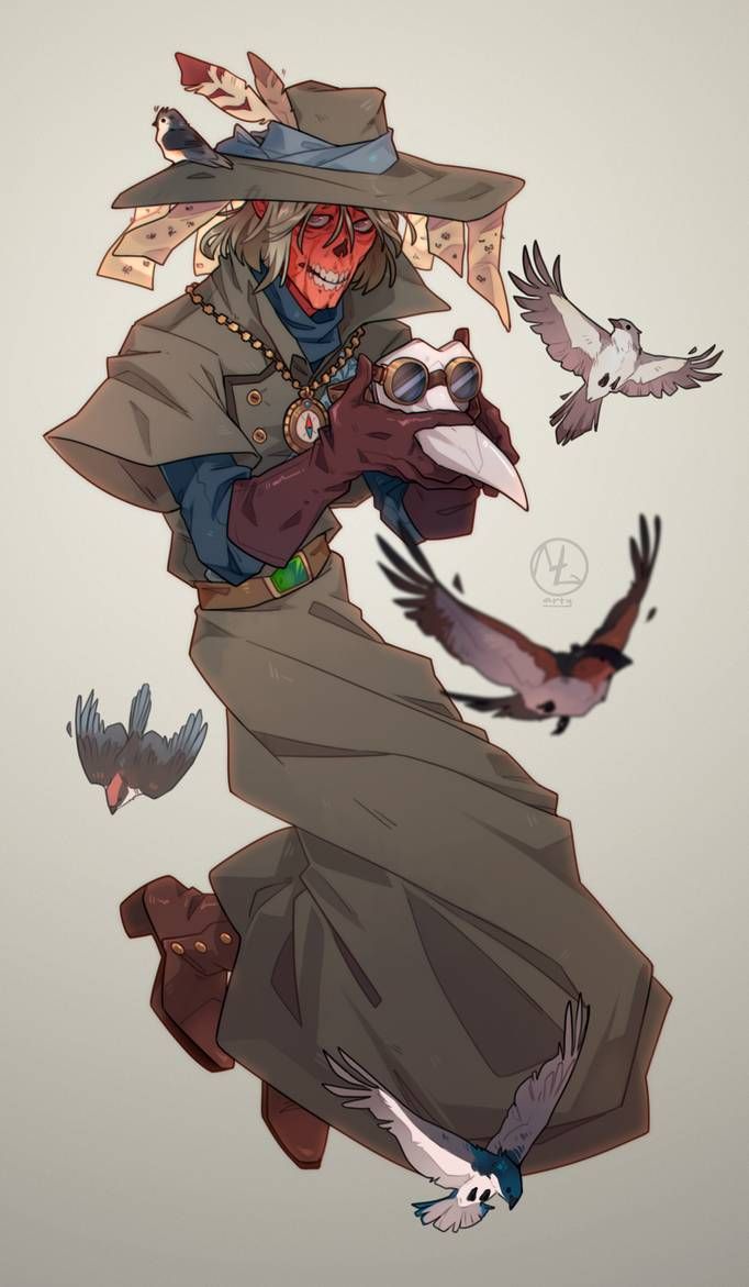 this illustration features a man in a long coat, wearing a hat with feathers and a mask. he is holding a bird in his hand, which looks like he is holding a bird mask. he also wears goggles. there are several other birds flying around him, some behind him, some in front. he seems to be surrounded by birds and is almost floating.