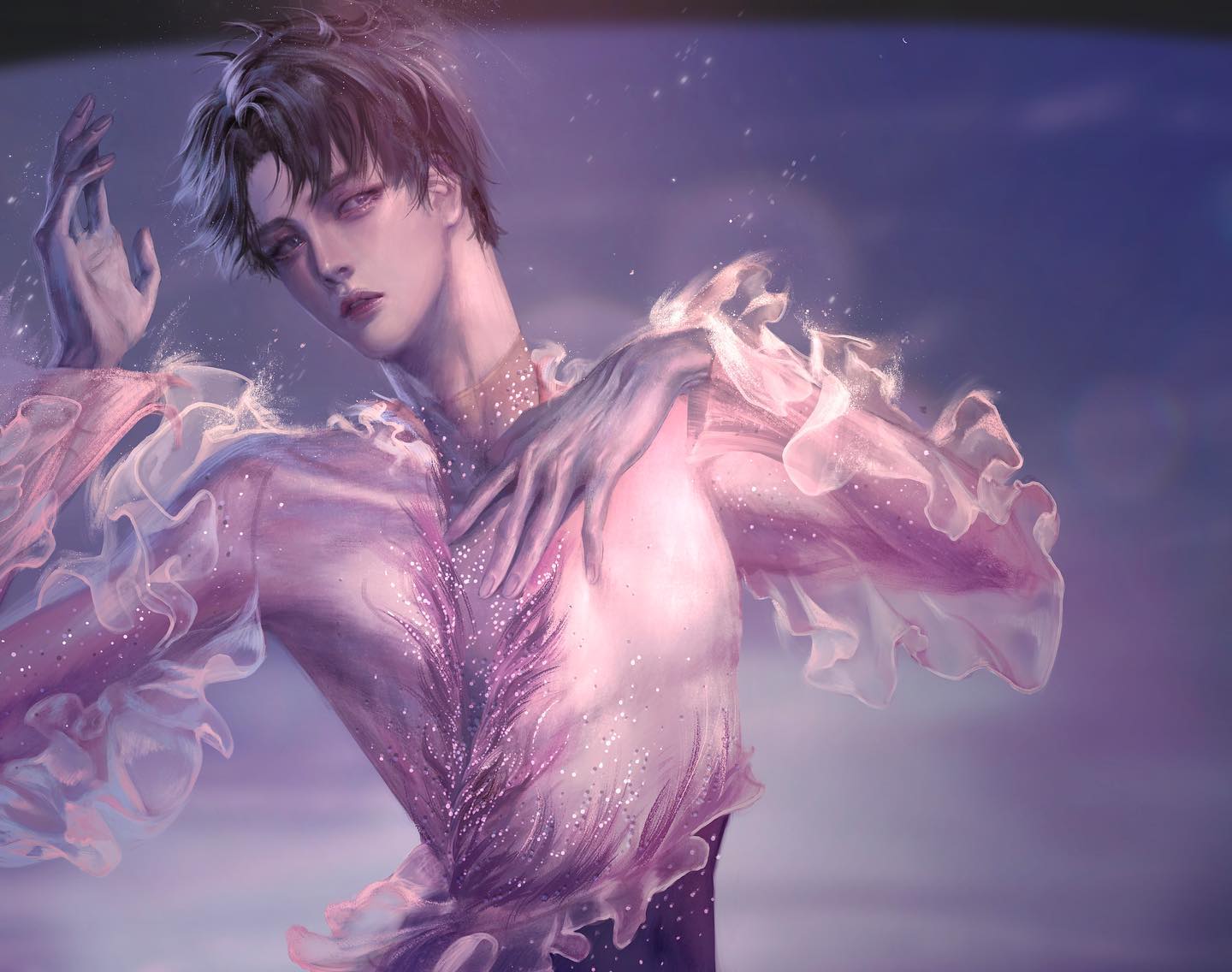 the illustration showcases a male figure skater in midperformance.  he wears an elaborate, ornate costume with feather details, rendered in hues of purple and pink.  the lighting suggests a spotlight, highlighting him against a blurred background suggestive of an ice rink. his pose and expression exude grace and elegance.