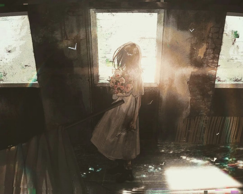 this is a digital art painting in anime style of a young girl with long black hair standing by a window in a darkened room. the girl is wearing a white dress and holding a bouquet of white flowers. the sun is shining brightly through the window casting a warm glow on the room.  the girl's shadow is cast behind her and the room is filled with a sense of peace and tranquility. the image is dreamy and melancholic and evokes a sense of longing and hope.