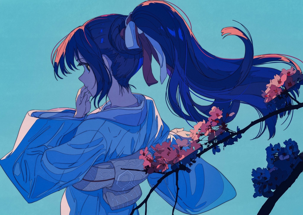 the image is a digital illustration of an animestyle girl with long, flowing blue hair tied up in a high ponytail with a ribbon. she is wearing a light blue kimono, and her expression is pensive and slightly melancholic. she is positioned in profile, looking away from the viewer.  a branch of blossoming pink and purple cherry blossoms (sakura) extends from the bottom right and partly across her back and hair, adding a touch of spring. the background is a soft, pale blue. the overall style is elegant, graceful, and evokes a sense of serenity and quiet contemplation. the color palette is predominantly cool blues and pinks, contributing to the dreamy and ethereal atmosphere.