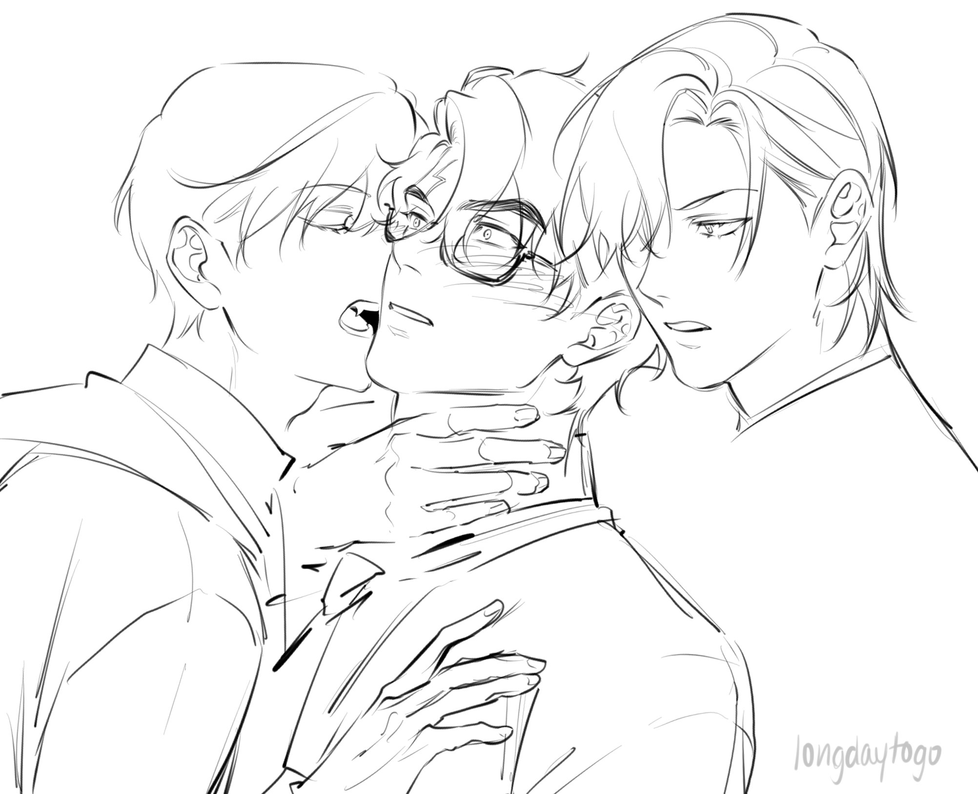 he image is a black and white line drawing of three animestyle men in a close embrace. the central figure is being held by the other two, their hands around his neck. the style is suggestive and intimate. the drawing has a loose, sketchy quality, typical of a quick sketch or concept art. the men have distinct hairstyles and expressions, suggesting a complex relationship between them. one man wears glasses. the artist's signature is visible in the lower right corner.