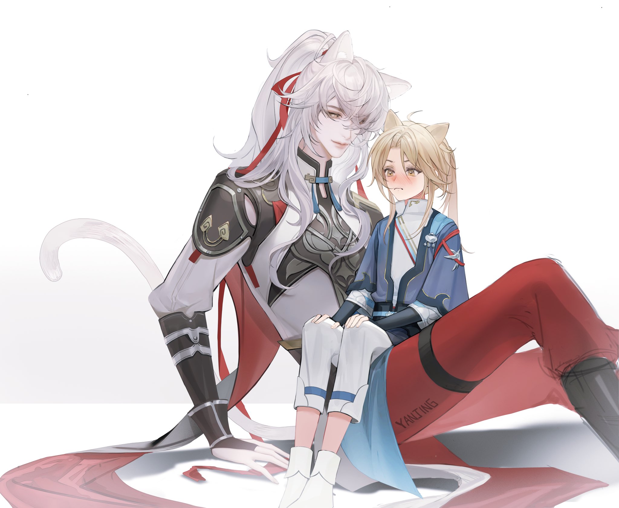 this is a digital artwork of yaemiko and xiao from the game genshin impact. the two characters are dressed in their respective outfits, and they're sitting together. yaemiko has her arms around xiao, and they look very happy together. the artwork is done in a very soft, delicate style, and the characters are very adorable.