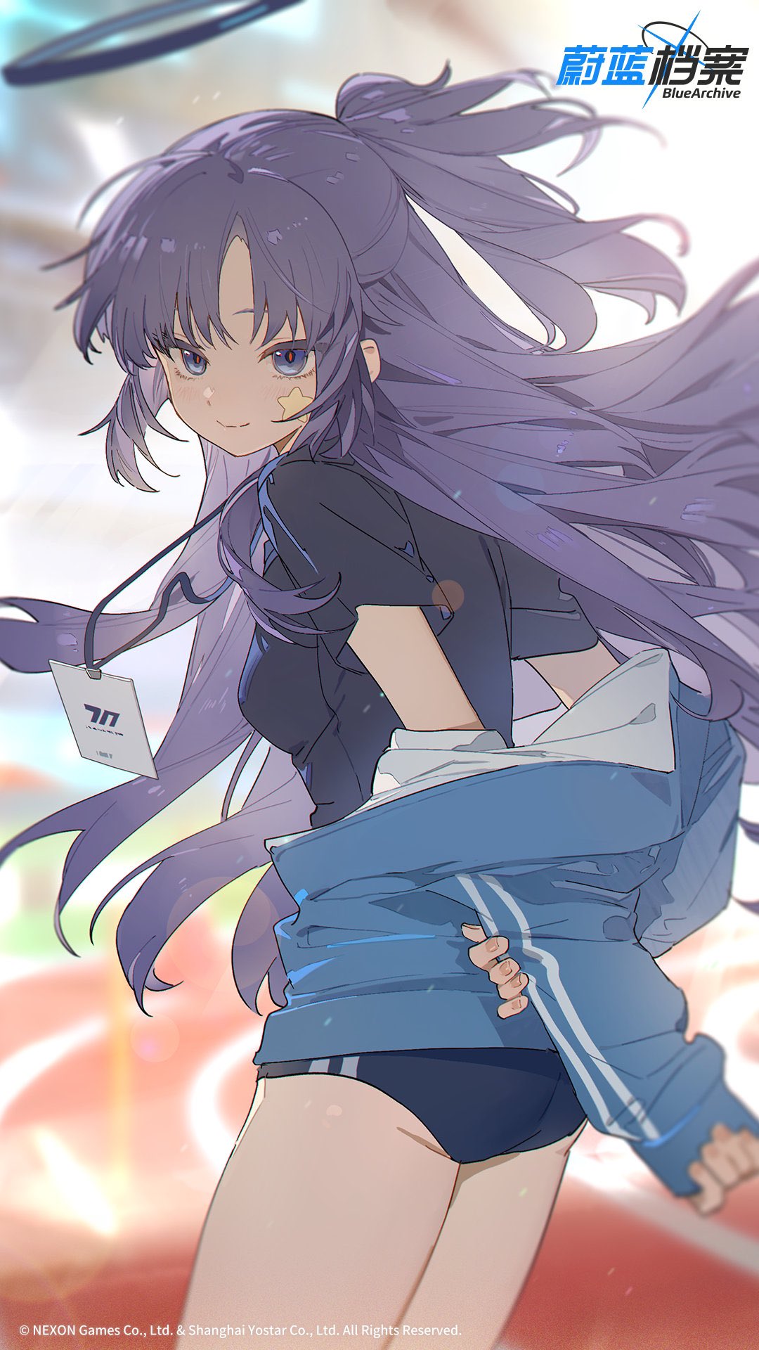 a vibrant digital illustration of a female anime character from the game blue archive. the character is a young girl with long, flowing purple hair styled in a high ponytail. she's wearing a darkcolored athletic top, dark blue shorts, and a light blue tracksuit jacket draped over her shoulders. the overall style is dynamic, with the character seemingly in motion. the background is softly blurred, with warm, light colors suggestive of an outdoor setting.  a small bandage is visible on her cheek, and a name tag hangs around her neck. the artwork's style is reminiscent of a typical anime character design.  the image includes a logo for the game, blue archive.