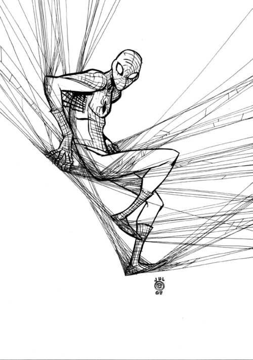 a black and white drawing of spiderman swinging on a web, in a comic book style. the image is sketched with a thin line of black ink. the image is created with a simple style, with the web depicted as a series of lines. the superhero is shown in action as he swings across the web.  the drawing is a fun and energetic depiction of the iconic superhero.