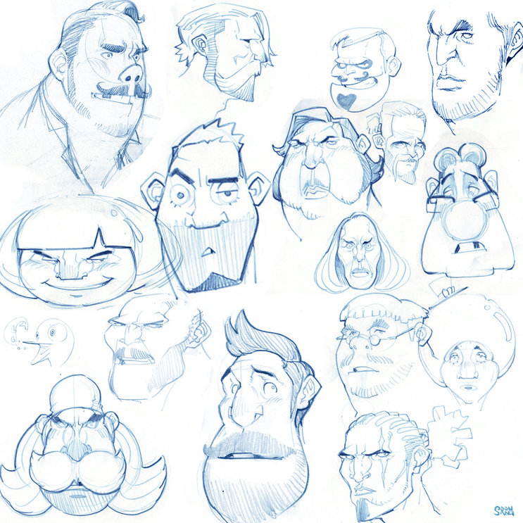 a page full of cartoonstyle head and face sketches. each head is drawn from a slightly different perspective with varying facial expressions. the sketches feature a range of character designs.
