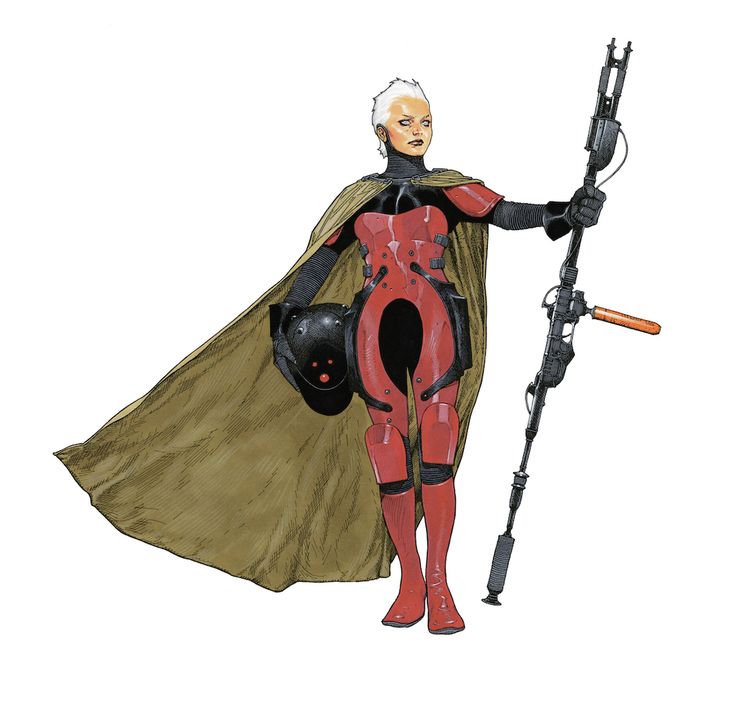a drawing of a futuristic female warrior, standing, and holding a large futuristic weapon. she is wearing a red and black armor and a brown cape. she is holding a helmet in her left hand. the background is white.