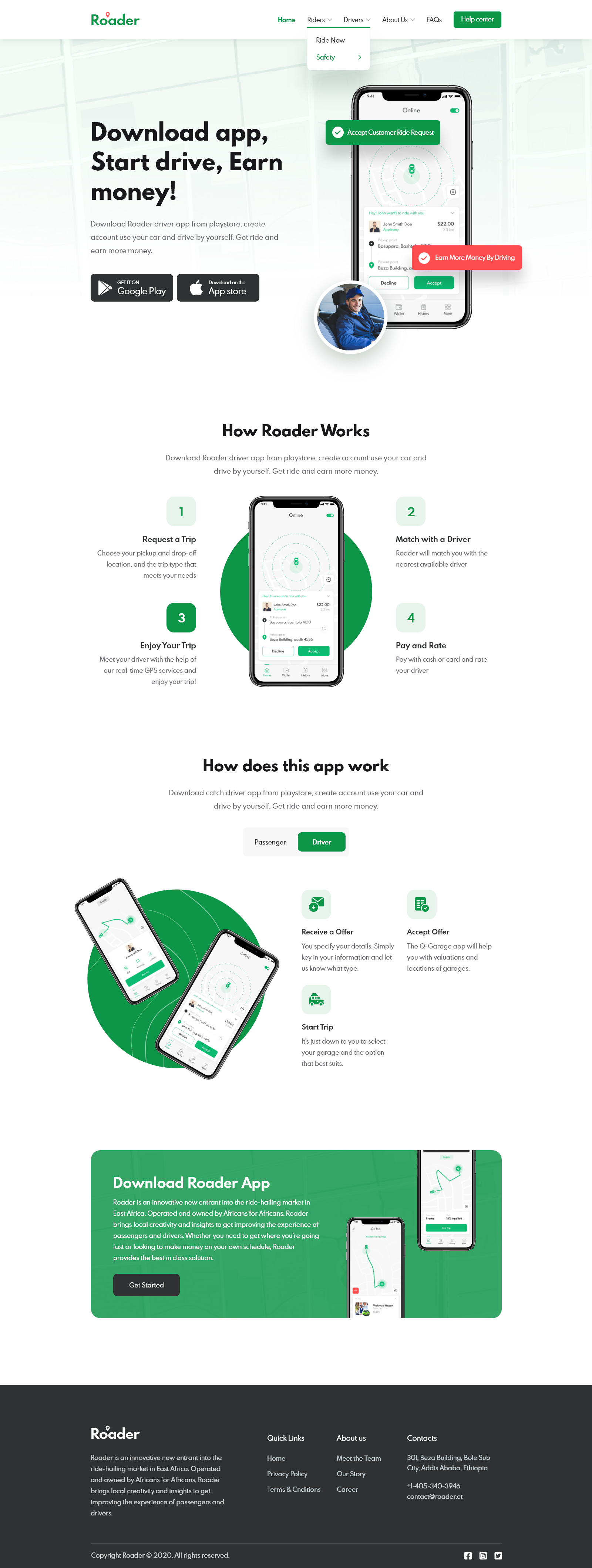 this is a screenshot of a landing page for a ridesharing app called roader. the page features a phone mockup with a clean, modern design, showcasing the app's interface. the top of the page emphasizes the app's key benefits with the tagline "download app, start drive, earn money!". below that, there's a section explaining how the app works with visual steps. further down, the page features a section for drivers to download the app. the page also includes contact information for the company and links to their social media accounts. overall, the design and layout of the page are visually appealing and effectively communicate the app's functionality.