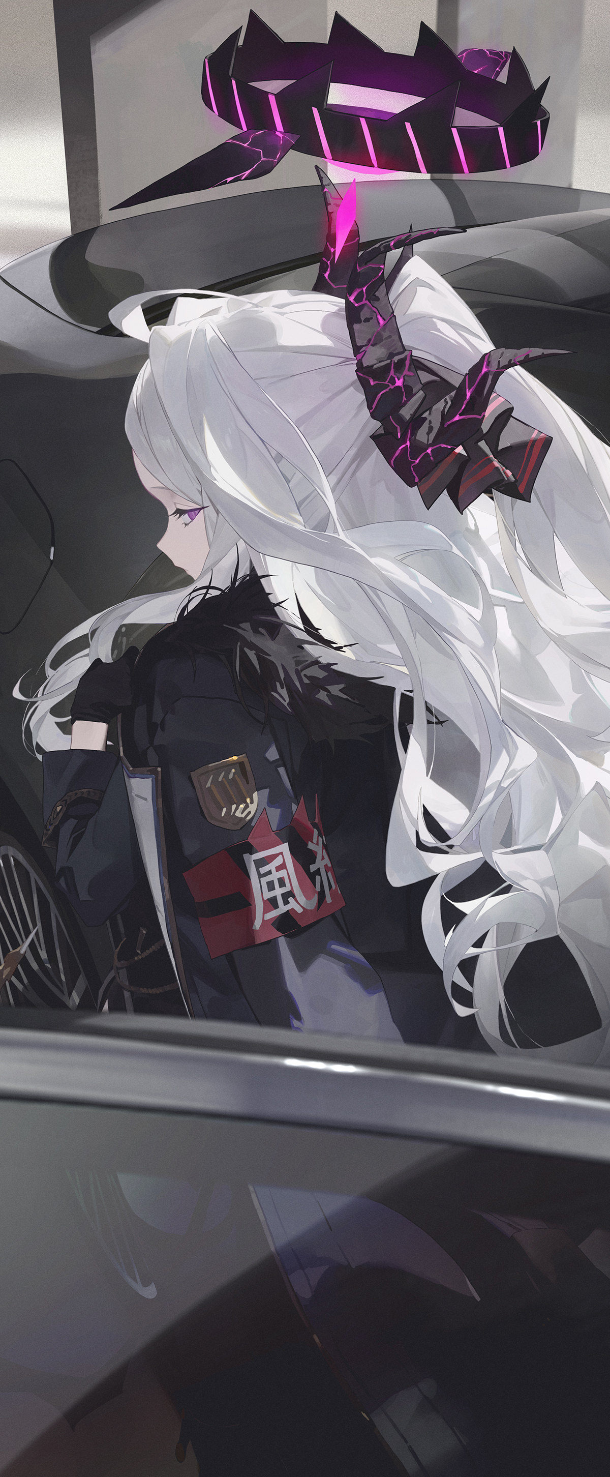 an anime girl with long white hair is depicted inside what appears to be a car. she is wearing a black uniform accented with red and white details. her expression is obscured as she looks down. the car's interior is predominantly gray, creating a subdued atmosphere.