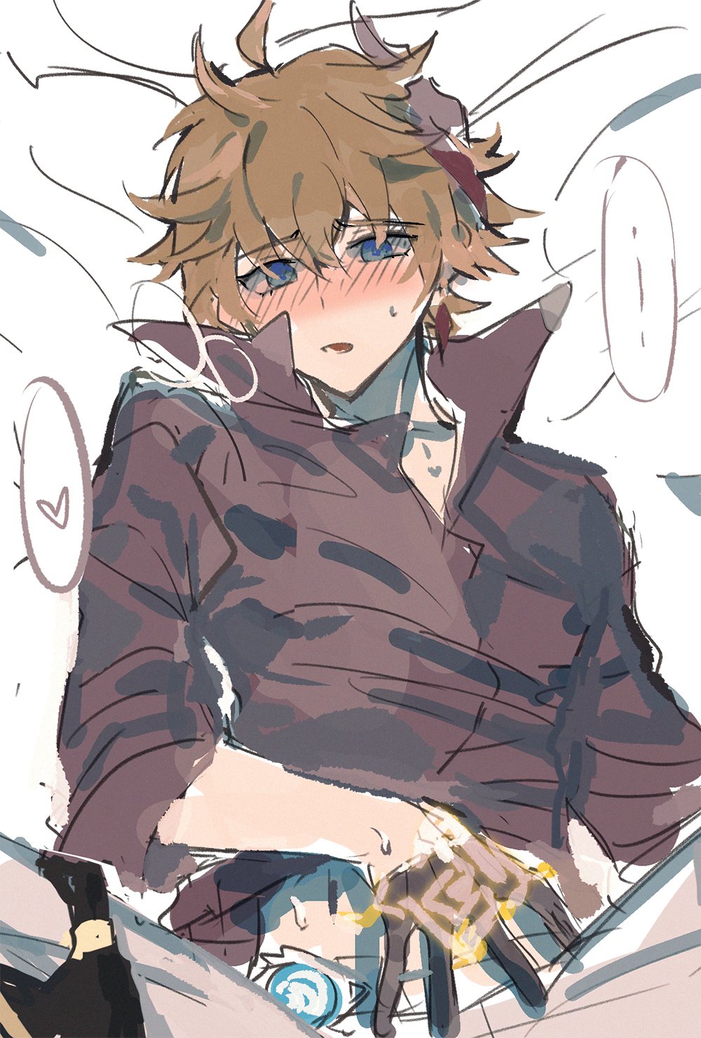 the image is a digital drawing of a blushing anime boy. he is looking down, with his hand holding his own hand in a gesture of shyness. the image is drawn in a soft, pastel style with rough lines. the boy is drawn with a warm, loving expression. the overall impression of the image is one of innocence, tenderness, and sweet romance.