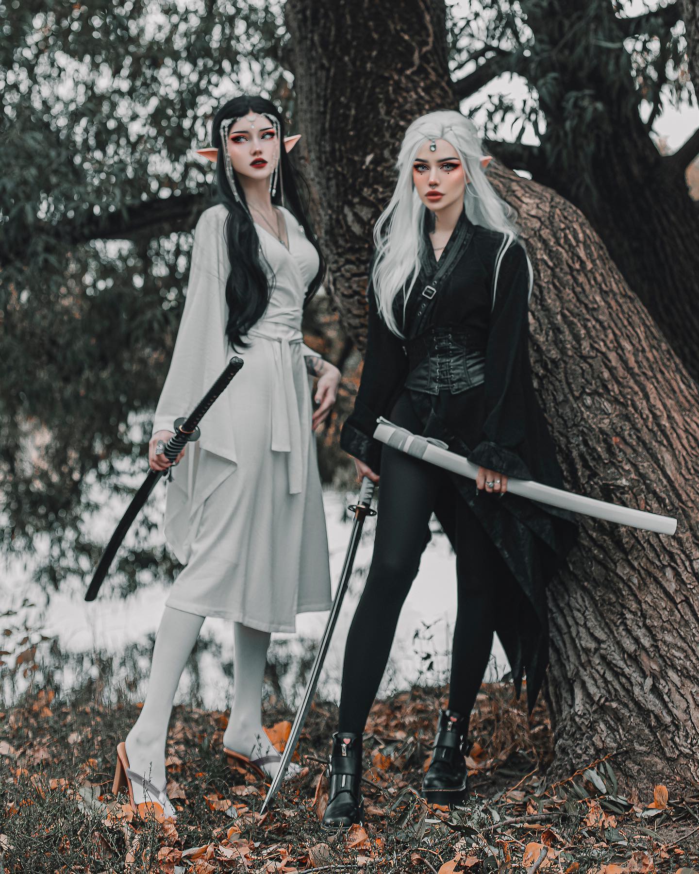 the image showcases two female cosplayers portraying elves, each with a distinct style. one elf is dressed in a flowing white kimonolike outfit, while the other wears a dark, gothicinspired black ensemble. both are wielding katanas and are posed dramatically in a forest setting with autumnal leaves on the ground.  the backdrop includes large trees and a natural, slightly moody atmosphere.  the overall aesthetic is fantasythemed, blending elements of both light and dark.