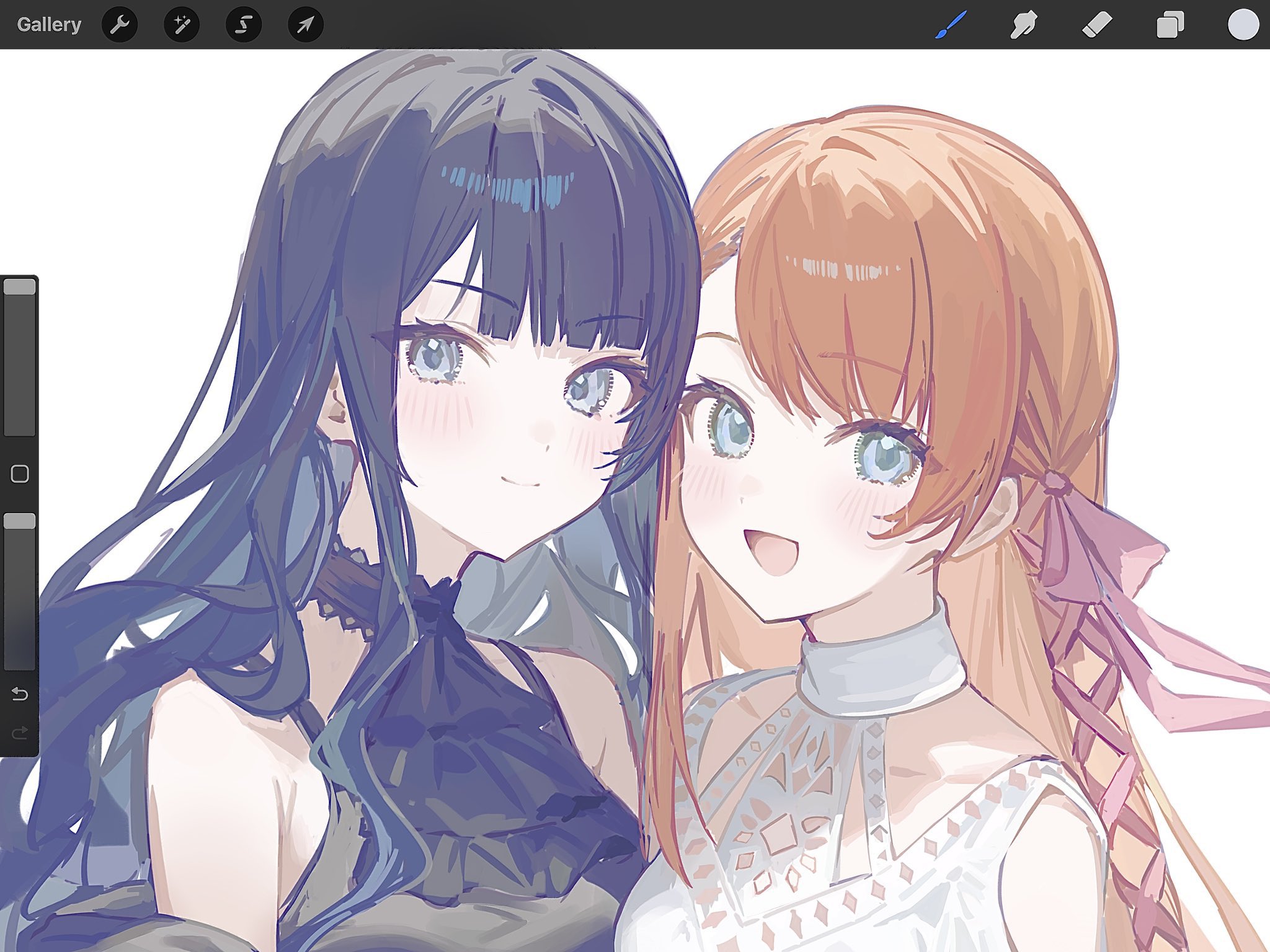 the image is a digital painting of two animestyle girls.  the girl on the left has long, dark blue hair and is wearing a darkcolored, sleeveless dress with a bow detail.  the girl on the right has long, orange hair styled with ribbons and wears a white sleeveless dress with a patterned neckline. both girls have rosy cheeks and are smiling, appearing friendly and close to each other.  the art style is soft and pasteltoned, giving a gentle and cute overall impression. the image shows a portion of a digital art program's toolbar, indicating it was created using digital tools, possibly clip studio paint.