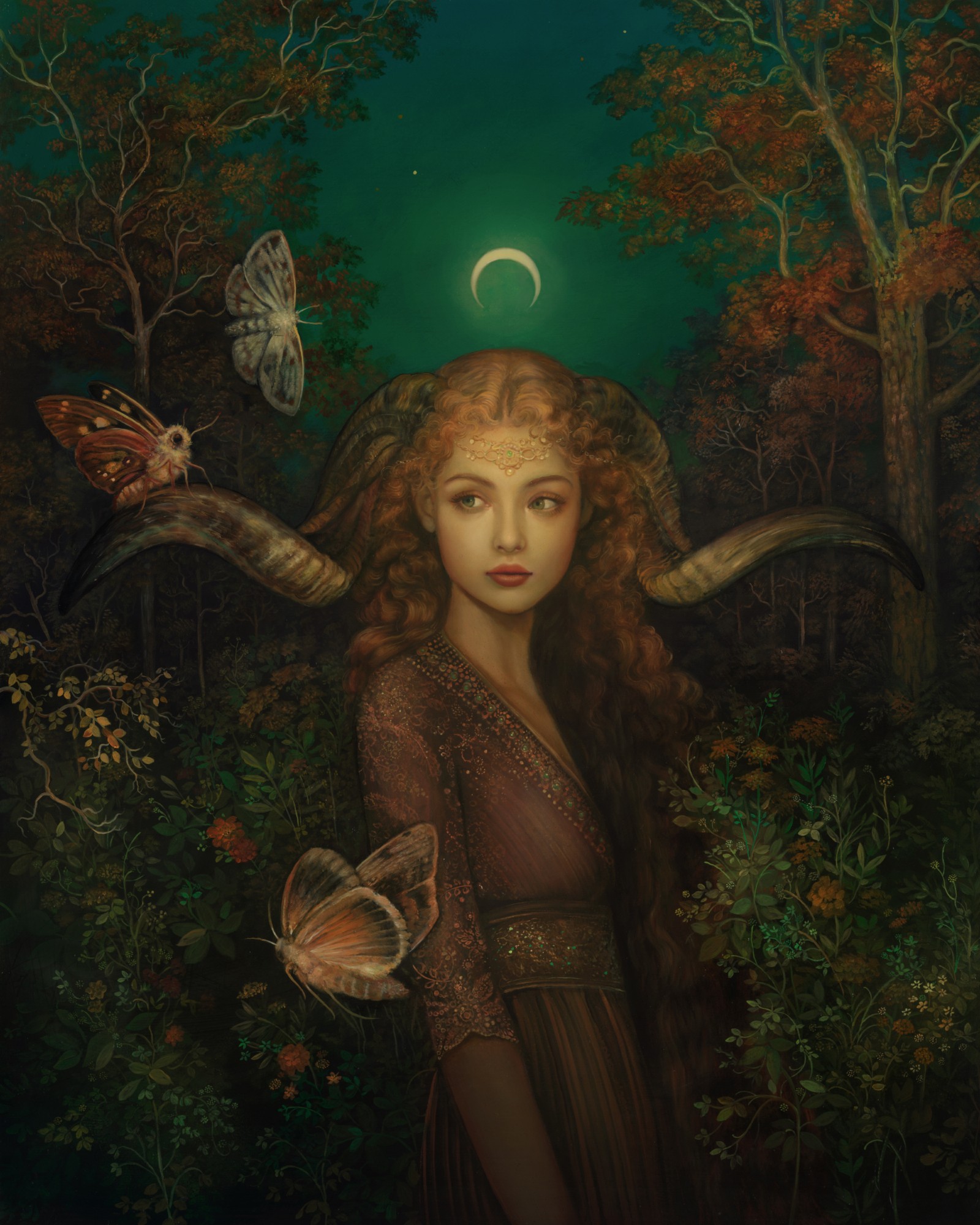 the image is a fantasy art portrait of a woman with large ram horns. she is in a dimly lit forest at night with a crescent moon in the sky. the woman is surrounded by moths and has a mystical and ethereal presence. she is wearing a dark dress with gold embellishments and has long flowing hair. the overall color palette is dark and moody with hints of gold and brown.