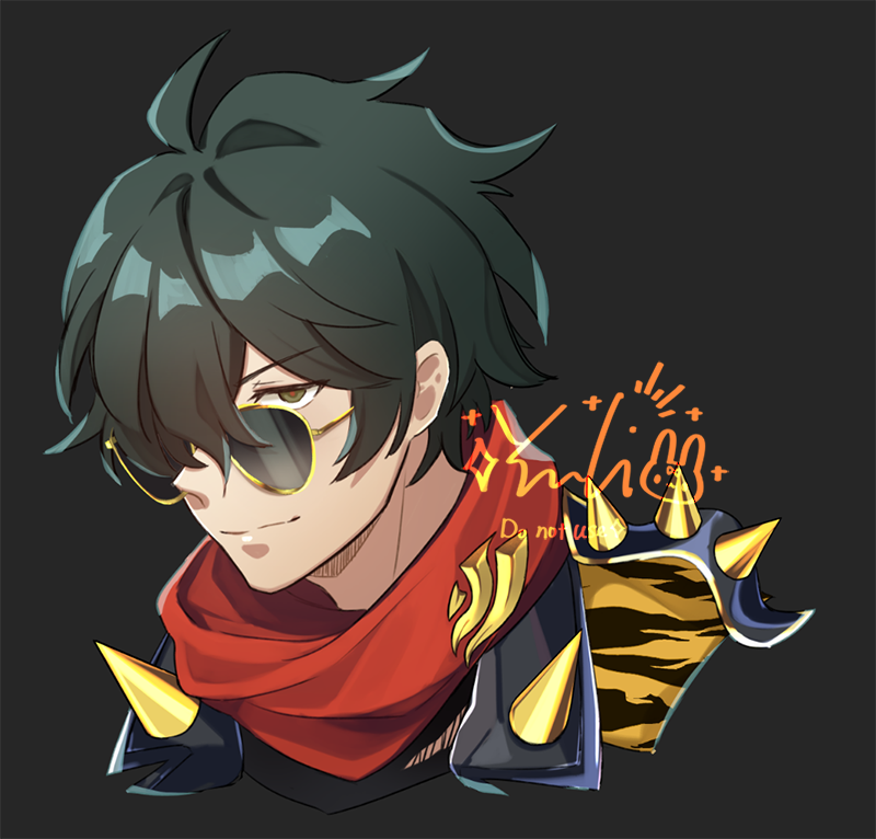 the image is a digital drawing or fanart of a stylish animestyle male character. he has dark green hair, is wearing round, goldrimmed sunglasses, and a red scarf. his attire features a dark jacket with gold and tigerstriped accents, and spiky gold shoulder pads. the art style is clean and polished, with a focus on detail and vibrant colors.  the overall aesthetic is cool and edgy, reminiscent of characters found in anime and manga, potentially inspired by the style of genshin impact. a watermark is visible in the image.