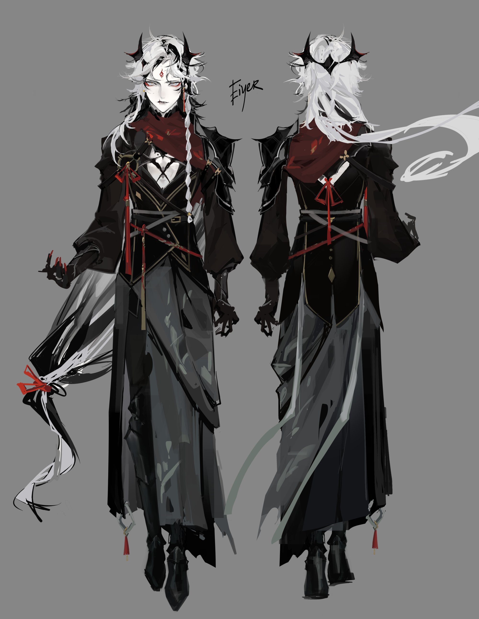 the image shows a digital illustration of an anime character design. the character is a male with long white hair and black horns. he is wearing a dark, elegant outfit with red accents. the character is depicted in two poses  one facing the front and the other facing the back. the background is a simple grey. the illustration is highly detailed and features a dramatic and stylish presentation of the character.