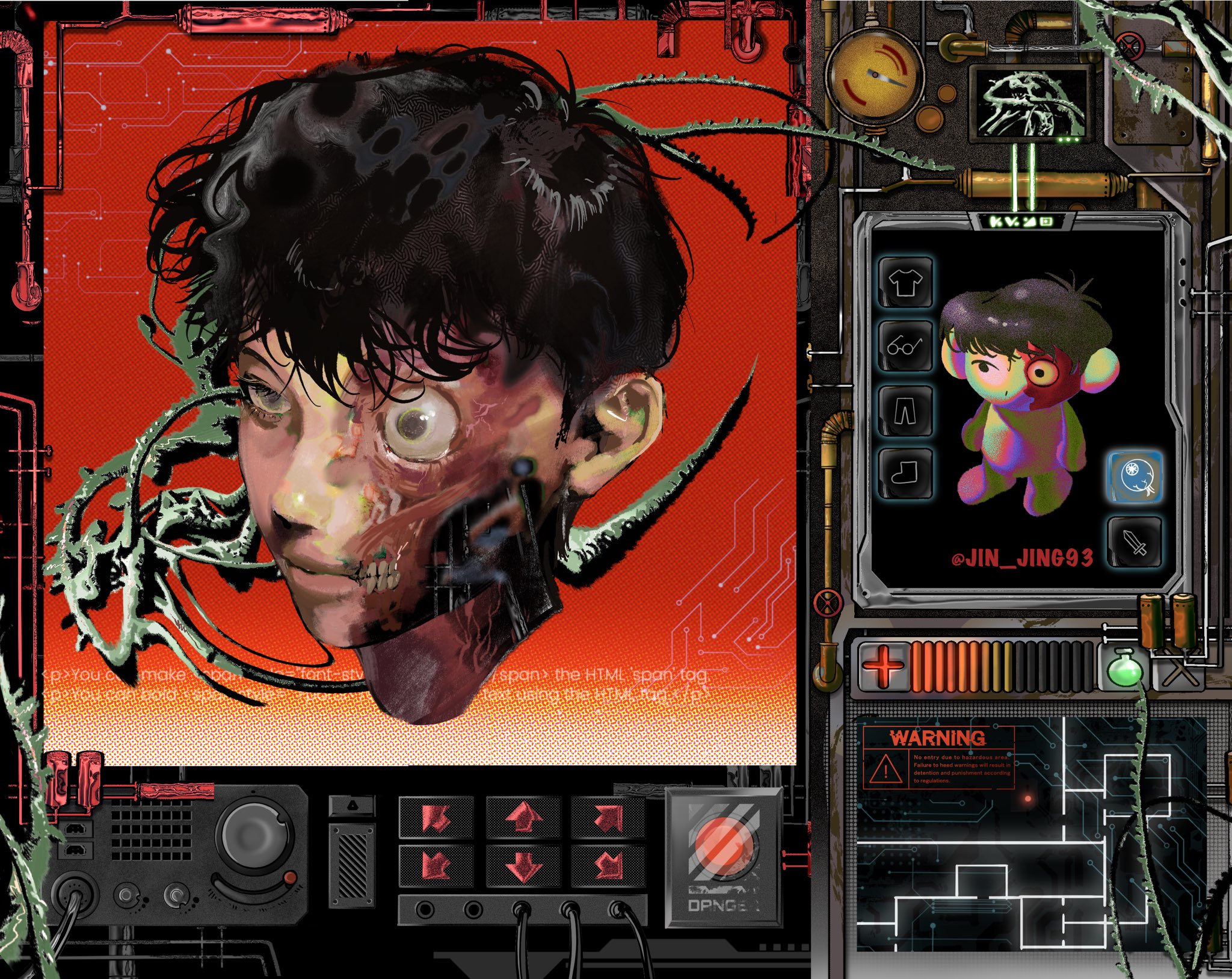 the illustration depicts a man's head and shoulders set against a vibrant red background overlaid with a dark, intricate technological interface. the man's face is partially flayed, revealing mechanical components and wires beneath, suggesting a fusion of human and machine. his expression is eerily calm despite the graphic nature of his transformation. to the right of the man's portrait is a screen displaying a cartoonish monkeylike figure, a stark contrast to the grotesque nature of the main subject. the screen's interface suggests a digital profile or character selection screen, further hinting at a futuristic, potentially dystopian setting where technology has advanced to the point of blurring the lines between human and machine.