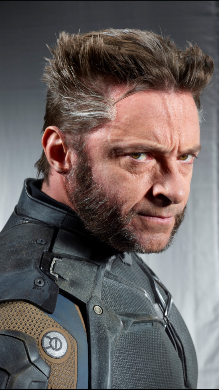 a portrait of hugh jackman as wolverine in an xmen costume. he has his signature hair and facial hair. he is looking at the camera with a serious expression.
