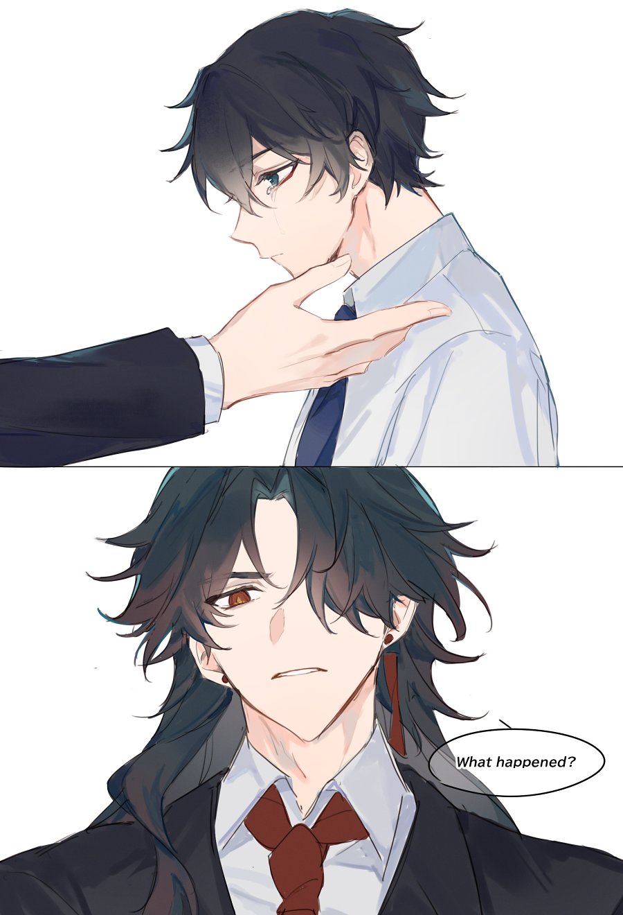 the image shows two anime boys. the boy on the top is wearing a white shirt and blue tie, and is looking down with a sad expression. he has black hair and blue eyes. the boy on the bottom is wearing a black suit and red tie. he has black hair, brown eyes, and is looking at the viewer. he has an expression that is both sad and worried. in the speech bubble, there is the text, "what happened?". the image is drawn in an anime style, and the colors are vibrant and expressive.