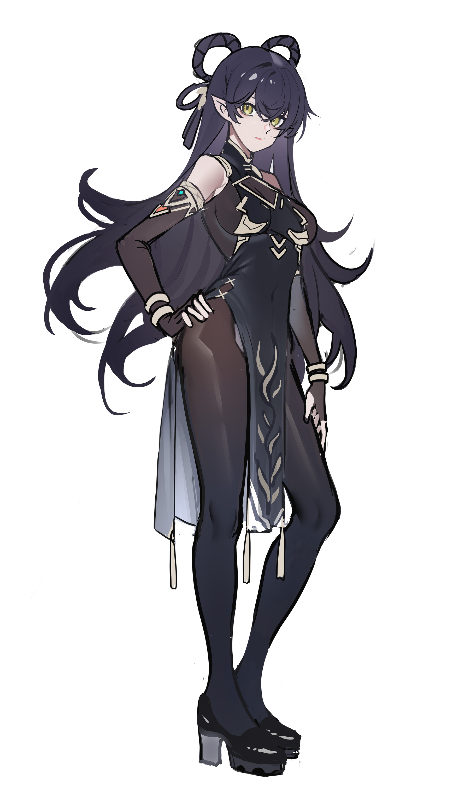 a female anime character with long black hair, horns, and yellow eyes. she is wearing a black dress with gold accents, black gloves, and black high heels. she is standing with her hand on her hip.