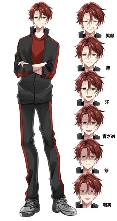 the image is a digital character design sheet of a young man with spiky red hair. he's depicted in a confident, slightly smug pose with his arms crossed. he wears a red and black athletic tracksuit. alongside the fullbody illustration are six headshots showcasing a variety of expressions, ranging from sly smiles to slight frowns. each expression is labeled with japanese text.