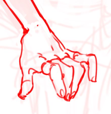the image is a stylized red line drawing of a hand reaching or grasping. the style is loose and expressive, more focused on capturing the gesture and movement than precise anatomical detail. the lines are fluid and somewhat blurred, giving a sense of motion.  the background is a pale white with faint, almost indiscernible lines suggesting a background or environment. the overall effect is one of dynamic movement and a slightly abstract representation of a hand.