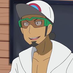 a closeup illustration features a smiling man with tan skin and short black hair styled into a short ponytail at the back. he is wearing a white baseball cap with a blue and red logo, greenframed wraparound sunglasses, and a white open jacket over his bare chest. the background suggests he is indoors.