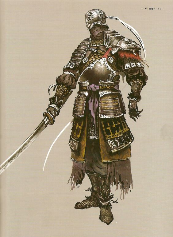 the image showcases a fullbody concept art piece of a samurai warrior. the warrior stands in a battleready pose, clad in ornate and detailed armor. he wields a long katana sword and his face is hidden behind a menacing helmet. the overall color palette is muted and earthy, emphasizing the weathered look of the armor and the gritty realism of the character design.