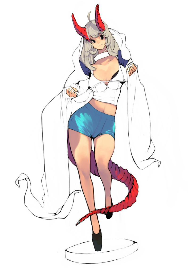 a dynamic sketch of a demon girl with white hair and red horns and tail. she's wearing a white crop top, blue shorts, and a flowing white cape. she appears to be floating with one leg extended forward and is posed as if about to take a step.