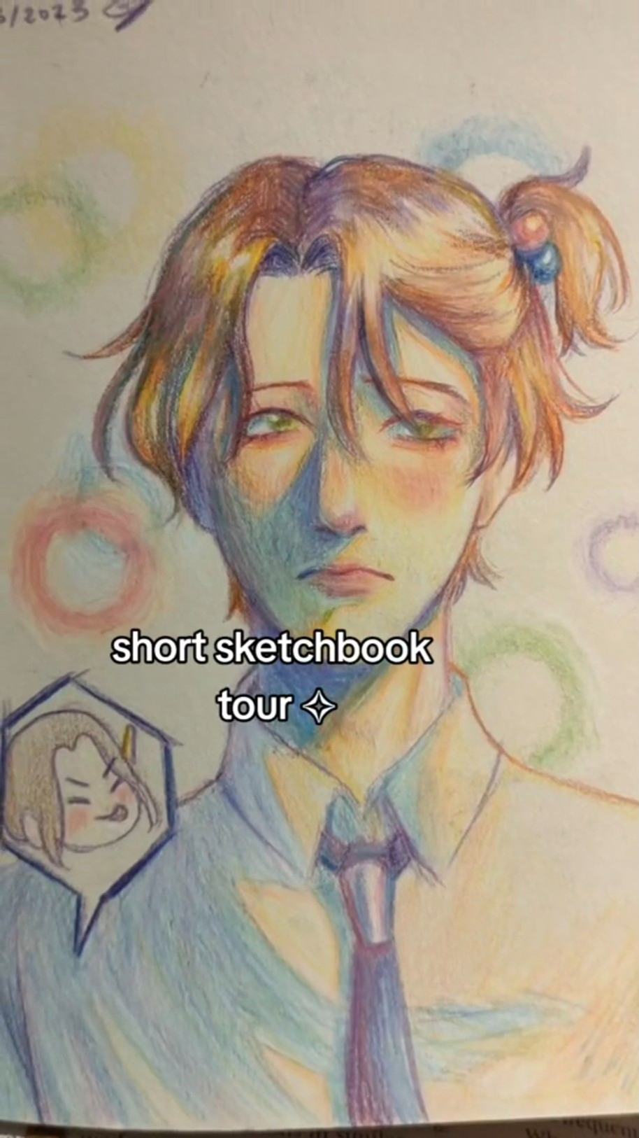 a colored pencil drawing of a young man with short brown hair tied in a small ponytail. he is wearing a white shirt, blue tie, and what appears to be a blue vest. the drawing style is reminiscent of anime and manga. the background is white with multicolored circles. there is a small sketch of a character's face in the lower left corner. the lighting is soft, giving the drawing a gentle and approachable feel.