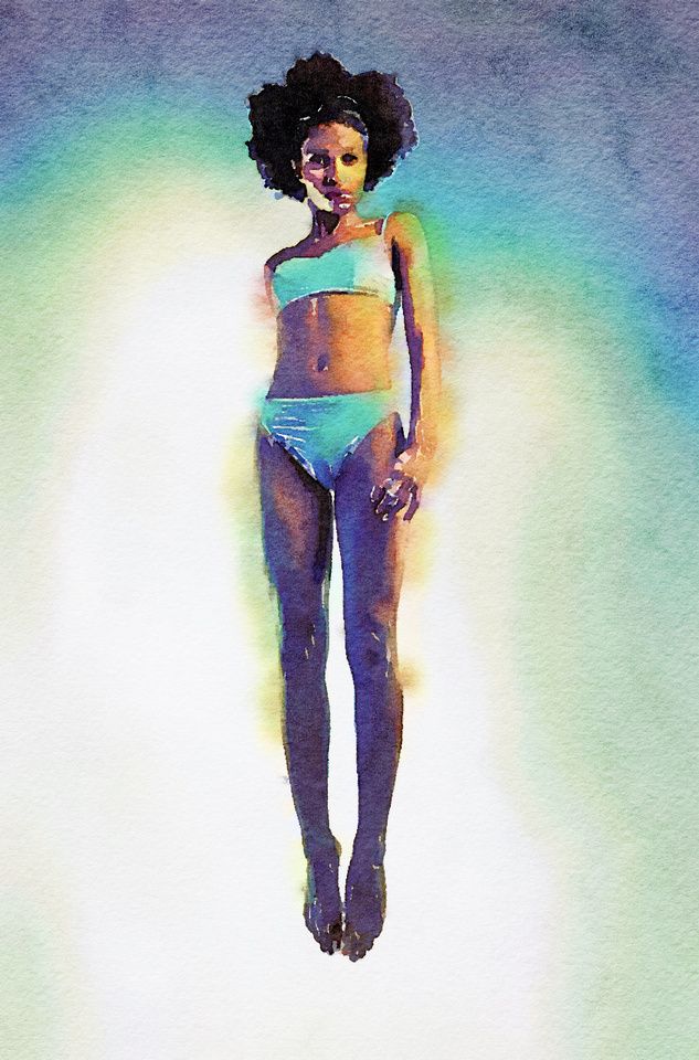 watercolor painting of a woman with afro hairstyle in a blue bikini. she is posing against a white background with light blue and green water color strokes around her.