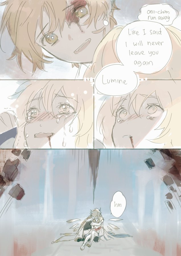 this manga illustration shows a story about the emotional connection between two siblings, possibly a brother and sister. it depicts a scene where the brother, injured and possibly dying, is comforting his sister by saying "i will never leave you again," while she is crying with great sadness and grief. it appears to be a dramatic and emotional moment in their story, possibly depicting a final farewell or a promise of everlasting love and bond.