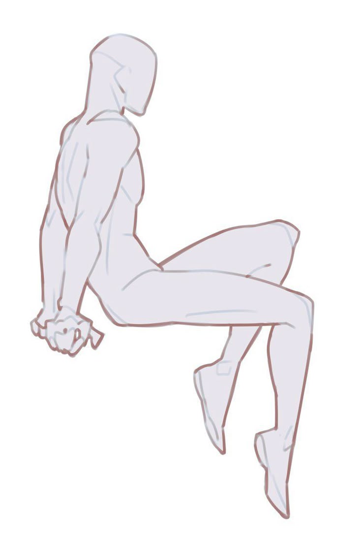 a sketch of a stylized male figure in a sitting pose. the body is drawn with minimal details and anatomical lines, showing the muscles of the back, arms, and legs. the figure's hands are clasped together. the head is turned away from the viewer. the style is simplistic and focused on the form rather than realistic details.
