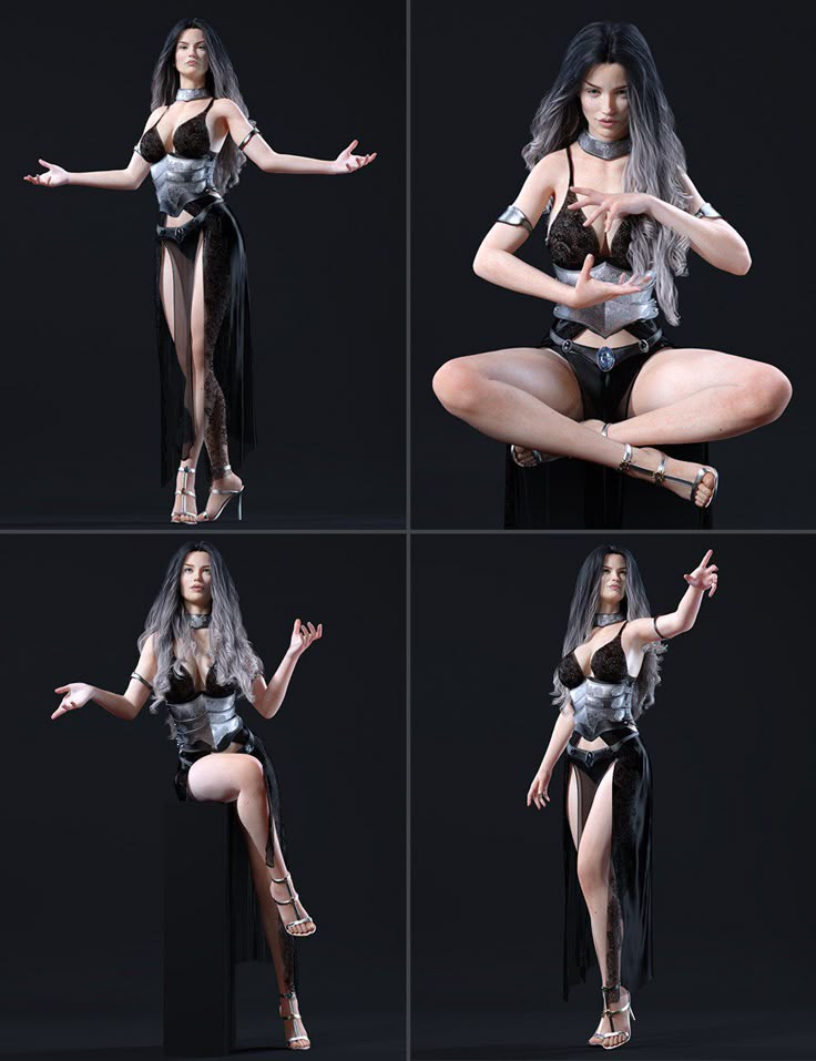 the image is a composite of four digital art renderings of a woman in various poses. she is depicted in a fantasy style, wearing a black and silver outfit with heels. in the first image, she stands with arms outstretched. the second shows her in a seated meditation pose. the third has her sitting on a block, with one leg extended. in the final image, she stands and points. all renderings share the same darkhaired model and clothing. the background is a solid dark color.