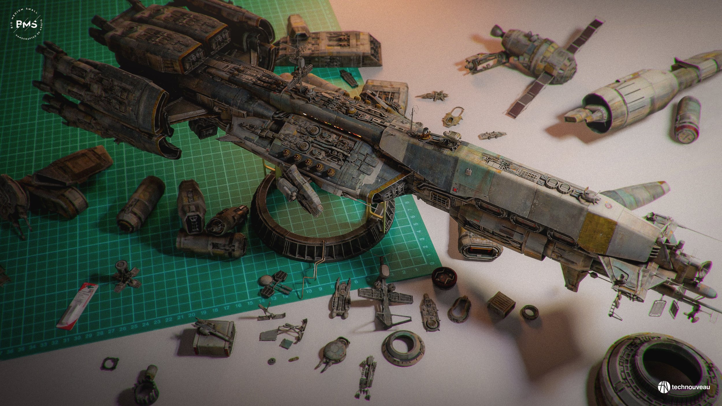 the image shows a detailed, weathered model of a large spaceship in various stages of assembly.  the model is spread across a green cutting mat, surrounded by numerous small parts. other smaller spacecraft models and various parts are scattered around on the white surface. the overall style suggests a science fiction setting.  the image is highly detailed, showcasing the texture and wear of the model's paint and the complexity of its construction. the logo "technouveau" is visible in the bottom right corner, while "pms" (possibly referring to pantone matching system) appears in the top left.  the scene strongly evokes the atmosphere of a modelbuilding workshop.