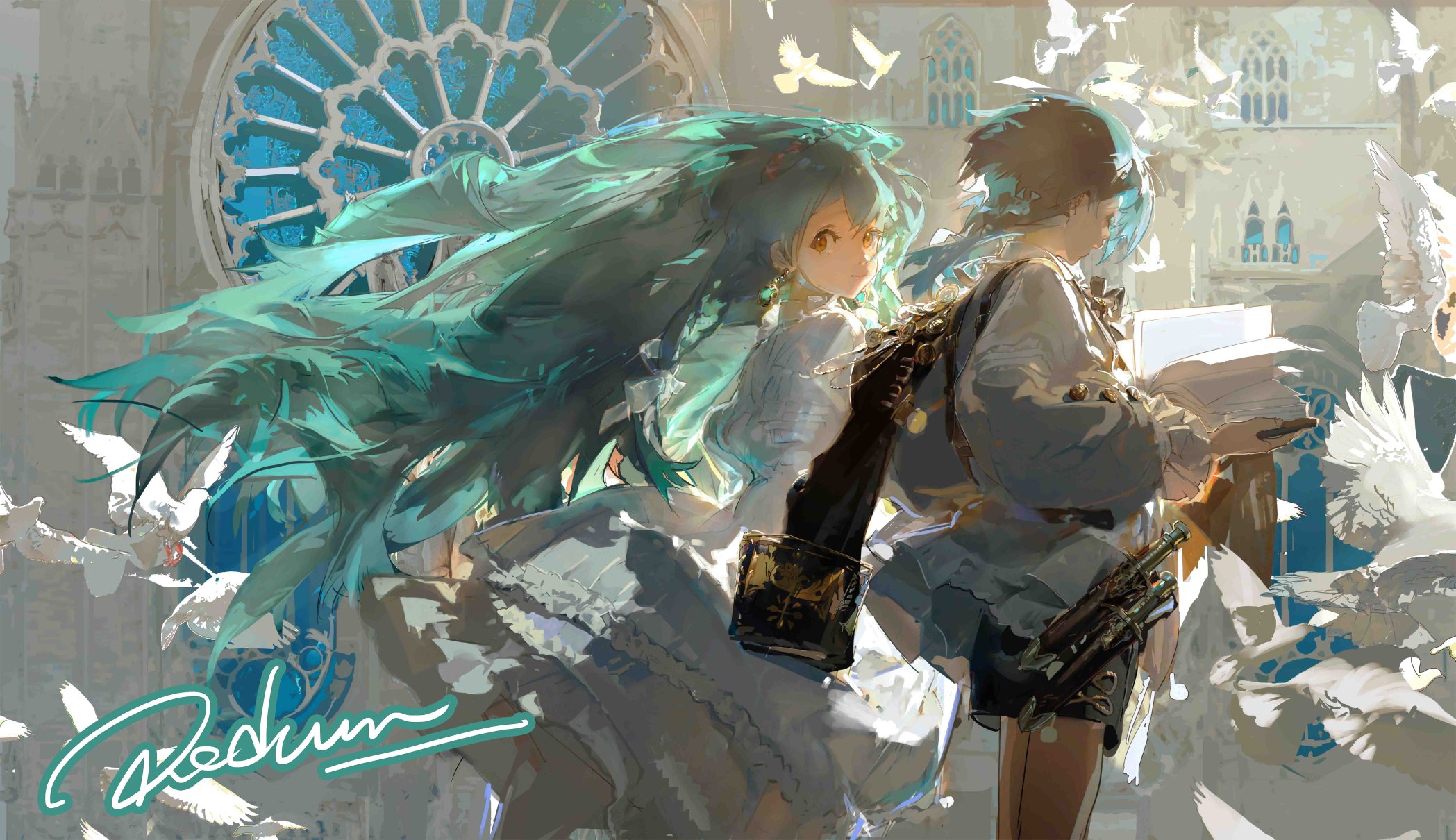 the image showcases a beautifully rendered illustration of a young girl and boy, likely anime characters, standing within what appears to be a grand church or cathedral. the architecture boasts high, arched windows, one of which, with intricate blue and white detailing, forms a captivating backdrop. sunlight streams through this window, casting the scene in a brilliant, ethereal glow, particularly highlighting the girl's flowing, aquahued hair. this backlighting creates a sense of depth and adds to the dreamlike quality of the artwork. the girl, adorned in a flowing white dress, glances back over her shoulder, while the boy, clad in a white shirt and brown shorts, seems engrossed in a book he holds. he also carries a satchel slung over his shoulder. adding to the serene ambiance are numerous white doves in flight, their presence further suggesting a peaceful, perhaps even sacred, setting.