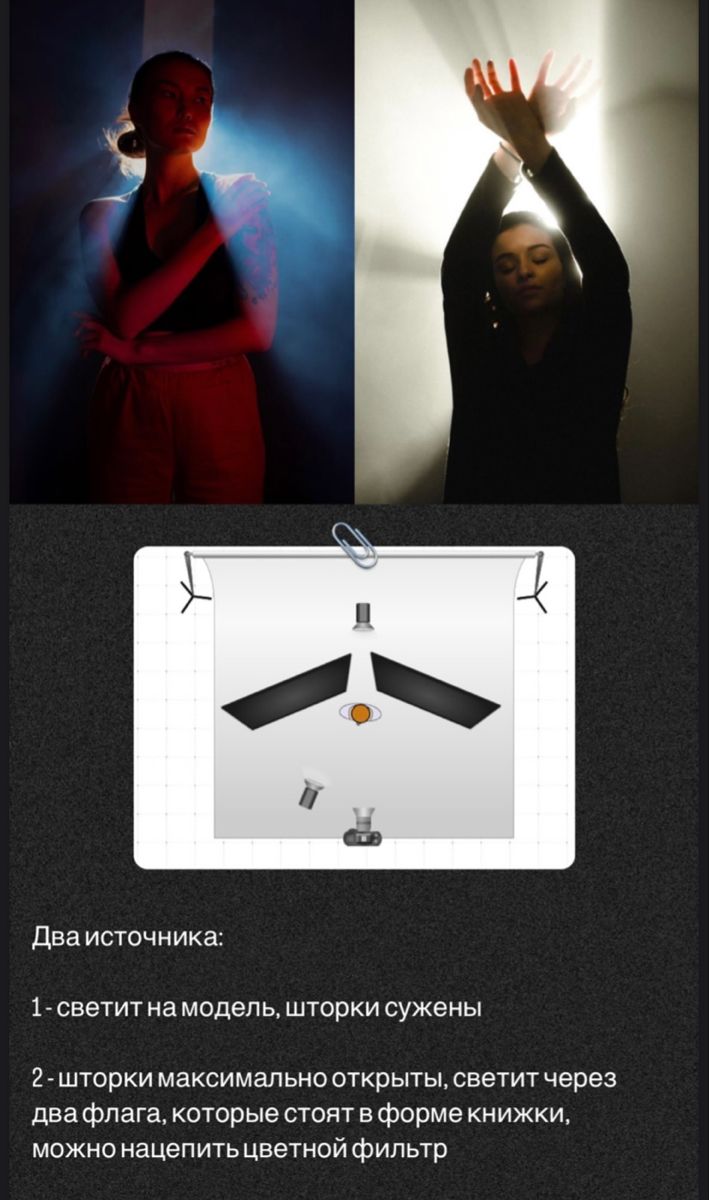 he image showcases two different lighting setups for portrait photography.  the top half shows two photos of a model; one with a focused light source creating dramatic lighting, and another with a brighter, more diffused light. the bottom half features a diagram illustrating the two lighting setups. text in russian describes each setup, explaining how to adjust the light modifiers (flags and barn doors) to achieve the desired effect, and the option to add a color filter to one light.  the descriptions detail the light intensity and modifier positions for each setup.
