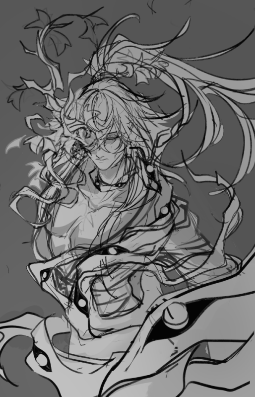 a pencil sketch of an anime character with long hair and an intricate outfit, the background is a simple grey.