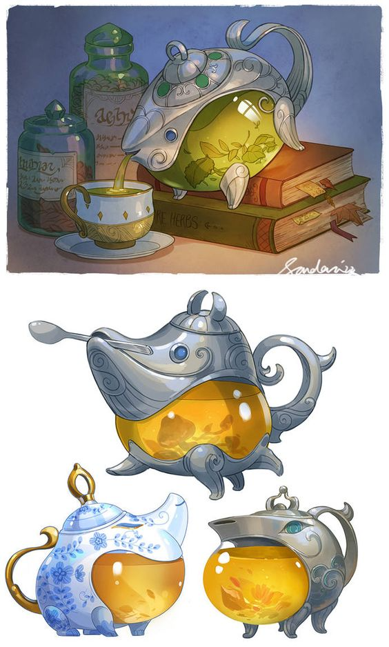 this image showcases a collection of fantastical teapots. the top illustration depicts a whimsical silver teapot with a transparent belly filled with herbs, perched atop a stack of books. it's pouring steaming tea into a delicate cup and saucer. two jars filled with colorful ingredients are visible in the background. the bottom illustrations present three more variations of these enchanted teapots, each with a unique design and personality. each teapot has a transparent belly filled with glowing liquid, hinting at their magical nature.  the illustration uses a warm, inviting color palette and soft lighting, creating a cozy and enchanting atmosphere.