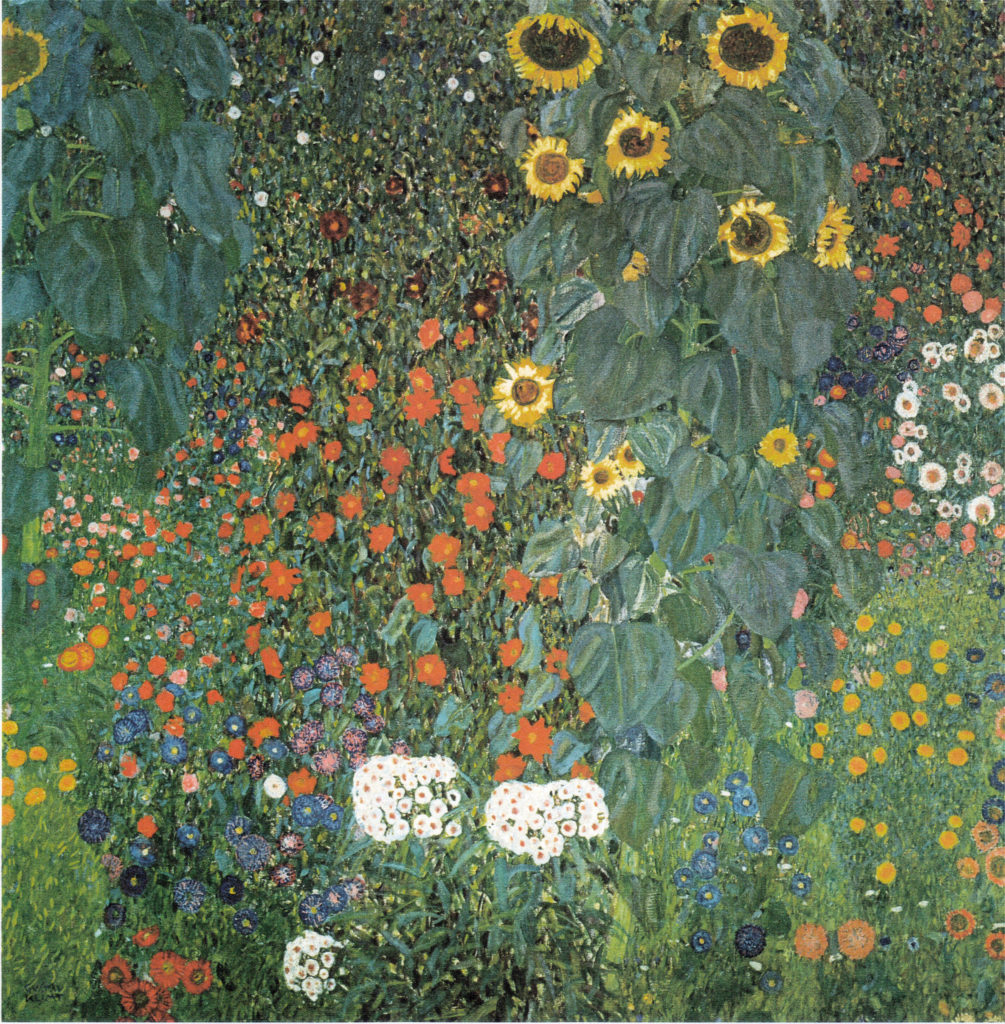 the image is a painting by gustav klimt, titled "bauerngarten" or "sunflower garden". it depicts a vibrant garden scene filled with various flowers, most notably sunflowers, and lush vegetation. the artwork features a colorful and impressionistic style, capturing the essence of nature's beauty with vivid hues and textures.